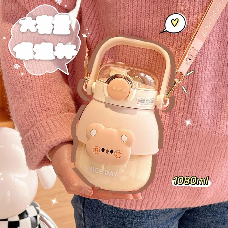 Adorable Bear 1080ml Water Bottle 🐻💖 - Fun & Functional BPA-Free Drink Buddy for Kids with Straw & Strap! 🌈✨ - Pixie Quill