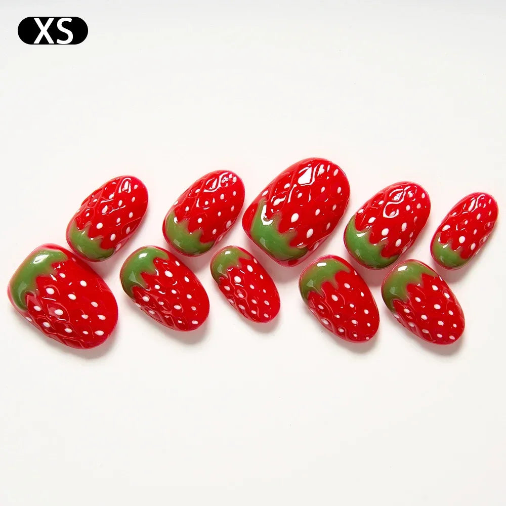 Kawaii Strawberry Dream 🌸🍓 10pcs Handmade Pink Coffin Press-On Nails - Sweet 5D Decor for Cute Manicures!