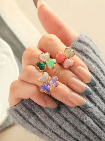 Multicolor Enamel Clover Ring For Women Stainless Steel 18K Gold Plated Waterproof Cute Lucky Jewelry 🍀💍✨
