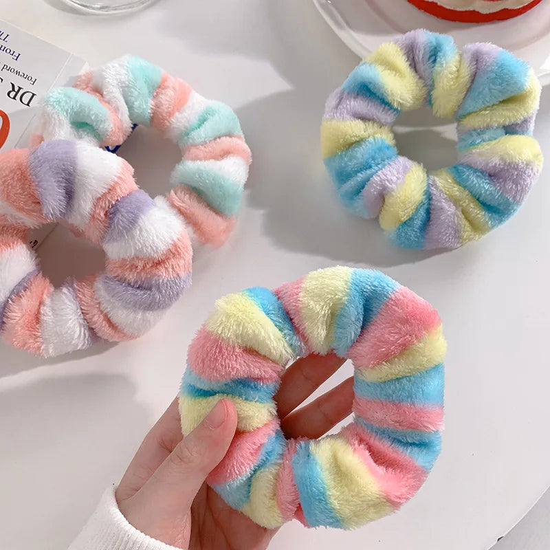 Kawaii Rainbow Fluffy Hair Scrunchies 🎀✨ | 4pcs Soft Towel Hair Bands for Girls & Women 🌈💕