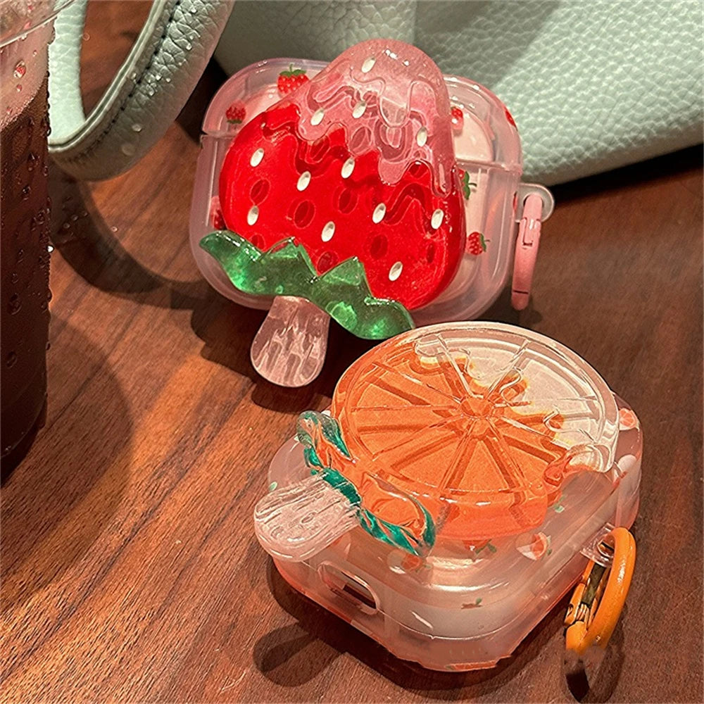 Kawaii 3D Strawberry & Orange AirPods Case 🍓🍊 | Cute Soft Silicone Keychain Cover for AirPods 1, 2, 3 & Pro 2