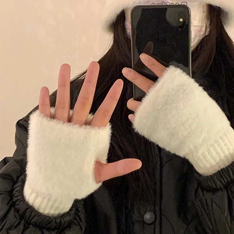 Cozy Plush Knit Fingerless Gloves For Women Warm White Wrist Mittens ❄️