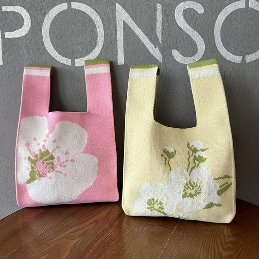 Kawaii Floral Knitted Tote 🌸 | Versatile Shopping Bag 🎀 | Cute Handbag for Weddings & Candy Packaging 🍬
