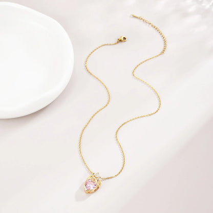 Pink Crown Heart Necklace For Women Stainless Steel Collarbone Chain 💗👑✨