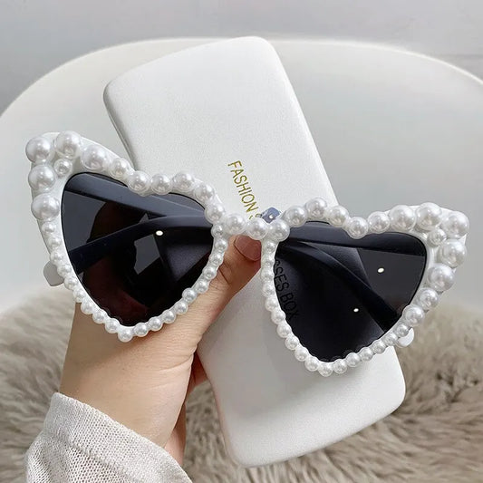 Kawaii Heart-Shaped Shimmering Pearl Sunglasses 💖✨ - Trendy Bling Casual Eyewear for Women 🌸🕶️