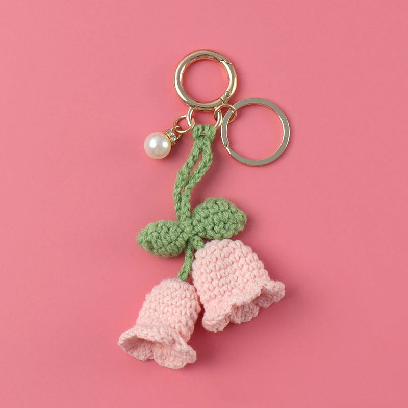 Fluffy Knitted Flower Keychain With Bell 🔔 Crocheted Wool Bag Charm For Women