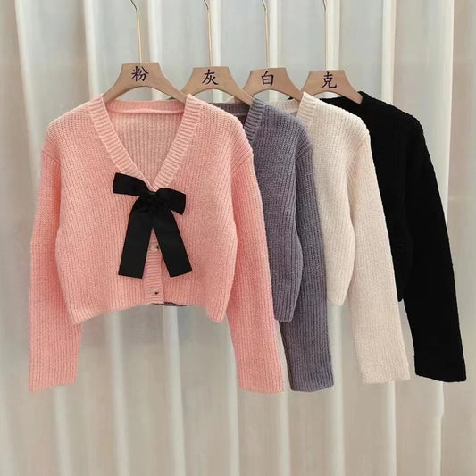 Kawaii Bow V-Neck Cardigan Sweater 🌸✨ | Cozy Long Sleeve Top for Sweet Style 🍭💖