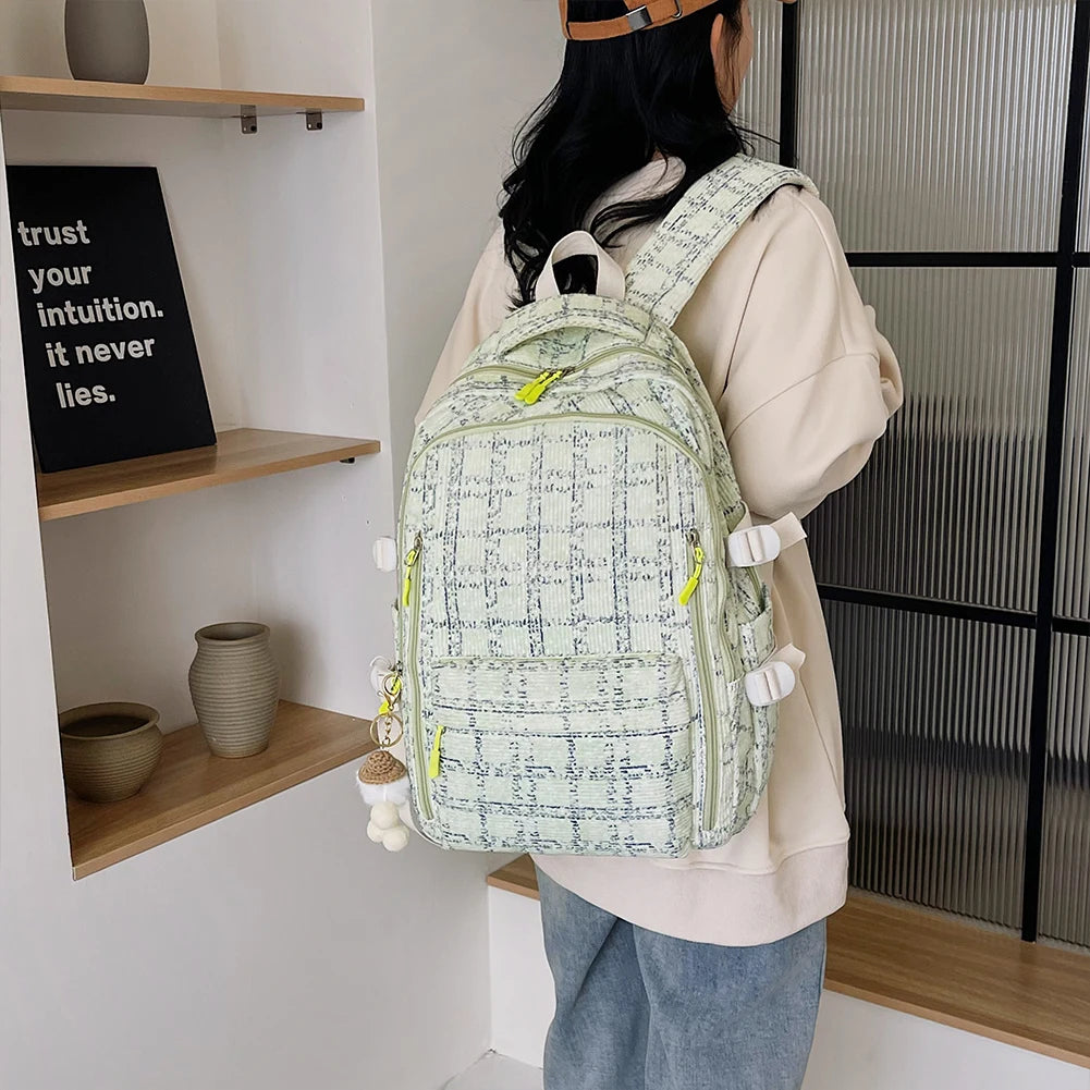 Women Kawaii Strawberry Pattern Backpacks with Pendant Corduroy School Knapsack Multi-pockets Students Daily Schoolbags Mochilas - Pixie Quill
