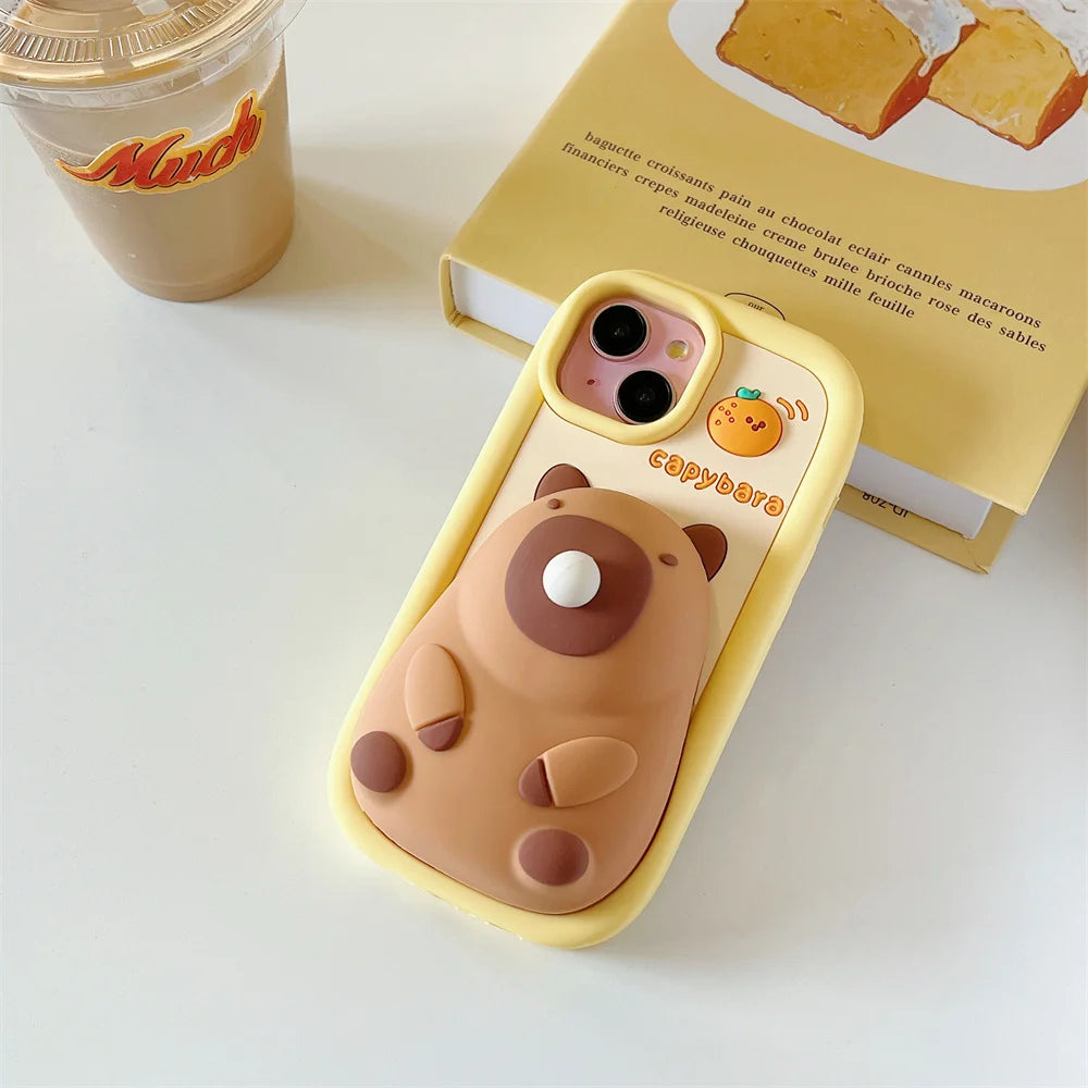 Adorable Kawaii Capybara Squishy Phone Case for iPhone 15/14/13/12/11 Pro Max 🐾💖 – Soft Silicone Bubble Blower Protection!