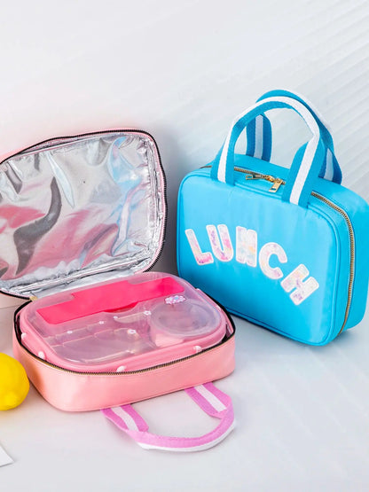 Kawaii Nylon Insulated Lunch Tote 🌈✨ | Adorable Reusable Cooler Bag with Chenille Letters for Kids & Travel 🥪💖