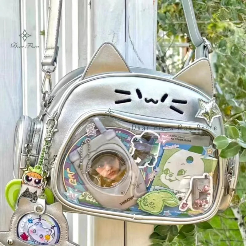 🌟 Adorable Y2K Cat Ita Bag 🐾 Cute PU Crossbody with Transparent Pocket! 👜 Perfect for Girls! 🌈 - Pixie Quill