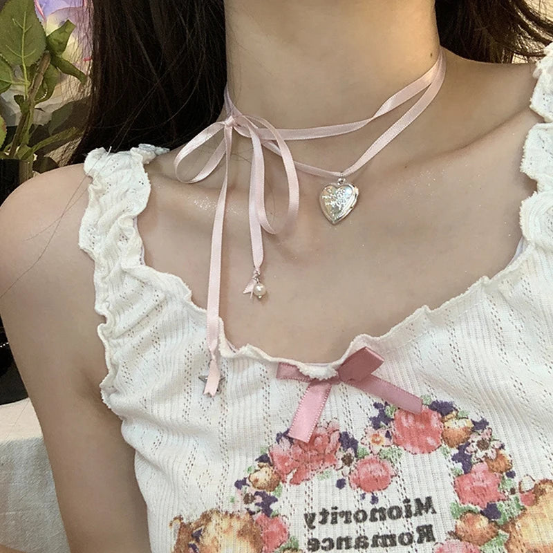 ✨Sweet Peach Heart Vibes 💖 Rope Ribbon Pendant Necklace for Trendy Ladies! 🌟