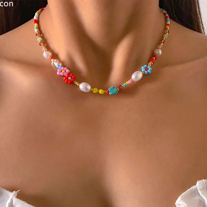 🌸 Whimsical Floral Choker with Rainbow Simulated Pearls 🌈✨
