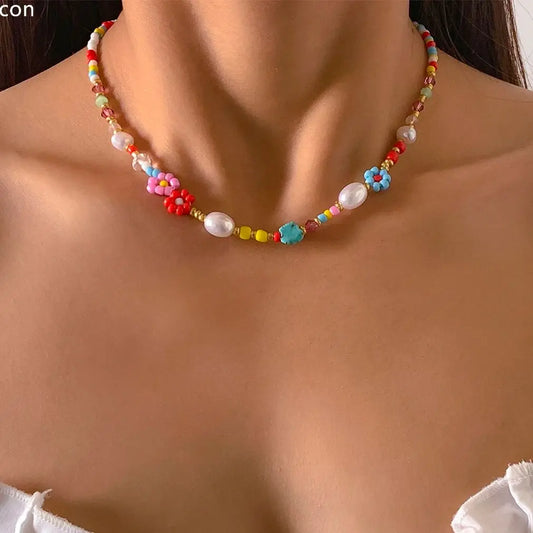 🌸 Whimsical Floral Choker with Rainbow Simulated Pearls 🌈✨