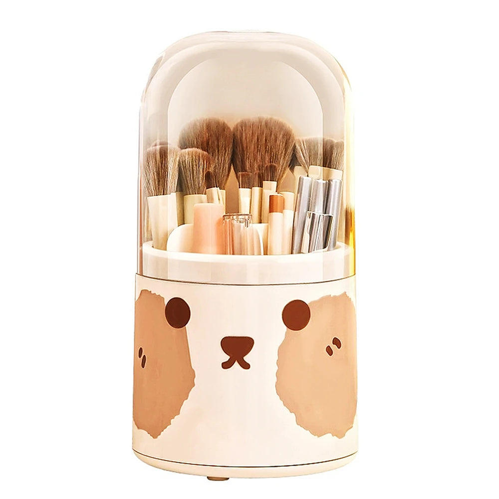 Adorable 360° Rotating Bear Makeup Brush Holder 🐻💖 - Cute Cosmetic Organizer with Lid for Brushes, Lipsticks & More! 🌈✨