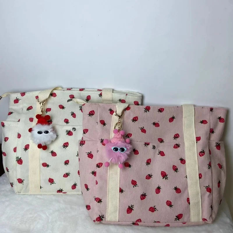 🍓 Adorable Strawberry Corduroy Shoulder Bag 🎒 Stylish & Spacious Classroom Tote! 🌸 - Pixie Quill