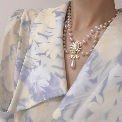 Kawaii Double White Pearl Heart Choker 💖✨ | Adorable Vintage Necklace with Bowknot Pendant for Weddings & Parties!