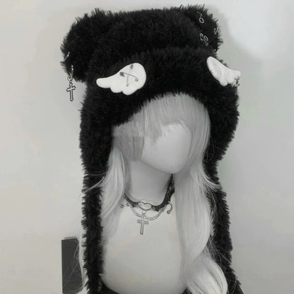 Gothic Harajuku Bear Hat For Women Wool Knit Beanie 🐻 Cross Star Wings Cute