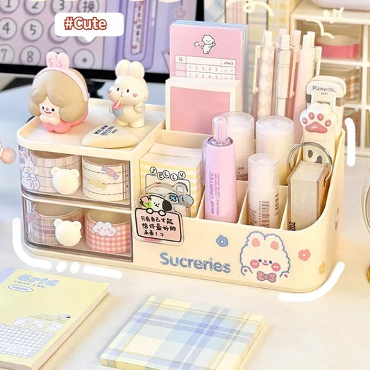 🐻 Kawaii Bear Drawer Organizer ✨ Cute Multi-Grid Pen Holder with Stickers 🌈