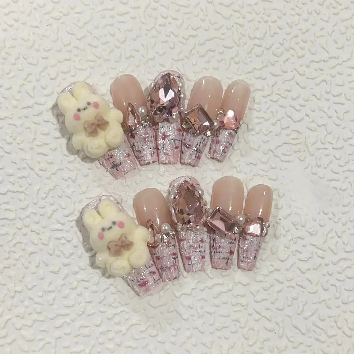 Kawaii 10-Piece Pink Coffin Press-On Nails with 3D Rhinestones & Butterfly Design 🦋💖✨ - Reusable & Easy to Apply!