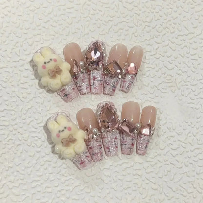 Kawaii 10-Piece Pink Coffin Press-On Nails with 3D Rhinestones & Butterfly Design 🦋💖✨ - Reusable & Easy to Apply!