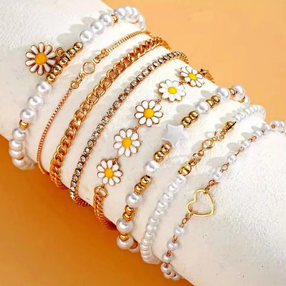 Whimsical Boho Star & Daisy Pearl Charm Bracelet Set 🌼✨ - Adjustable Eight-Piece Bangle for Fashionistas!