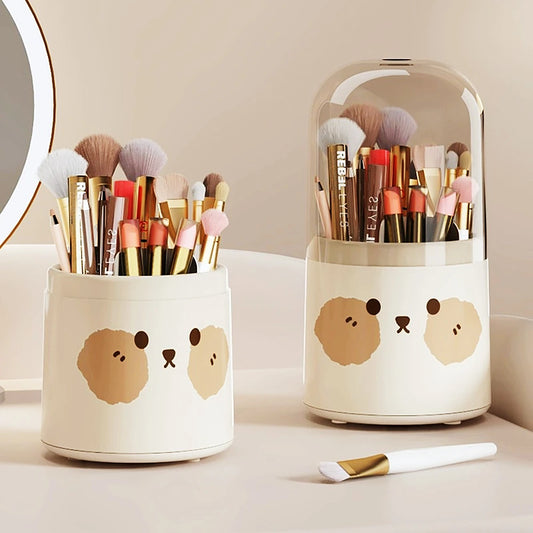 Adorable 360° Rotating Bear Makeup Brush Holder 🐻💖 - Cute Cosmetic Organizer with Lid for Brushes, Lipsticks & More! 🌈✨