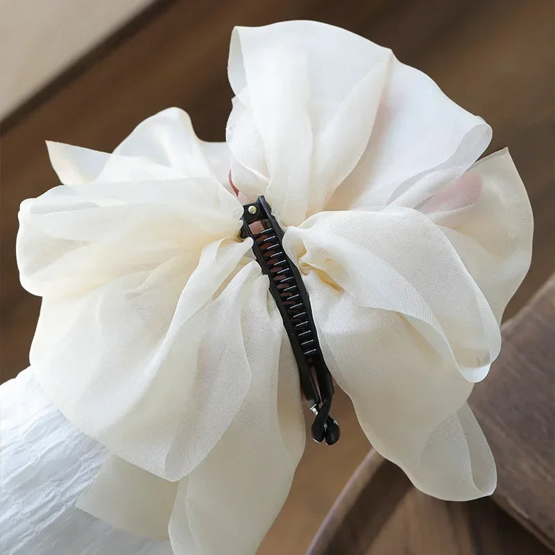 Charming Chiffon Bow Banana Clip 🎀✨ for High Ponytails – Vintage Style Hair Accessory 🐒🌸 - Pixie Quill