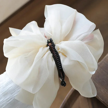 Charming Chiffon Bow Banana Clip 🎀✨ for High Ponytails – Vintage Style Hair Accessory 🐒🌸 - Pixie Quill