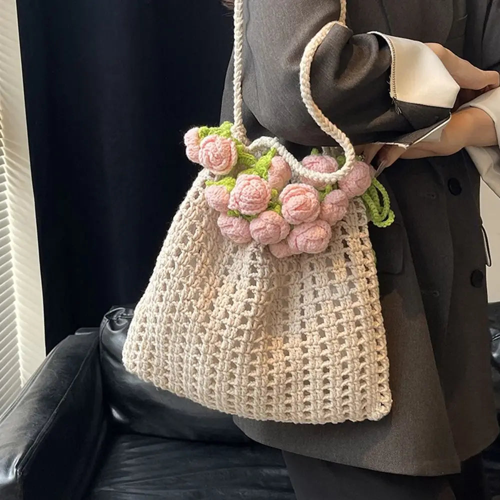 Rose Crochet Handbag Cute Spring Knitted Shoulder Bag Floral Bloom 🌸💖