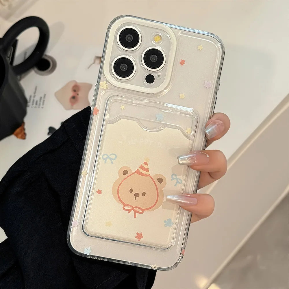 🐻✨ Adorable Bear Card Holder Case for iPhone 11, 12, 13, 14 & 15 Pro Max - Cute Cartoon Design! 📱💕