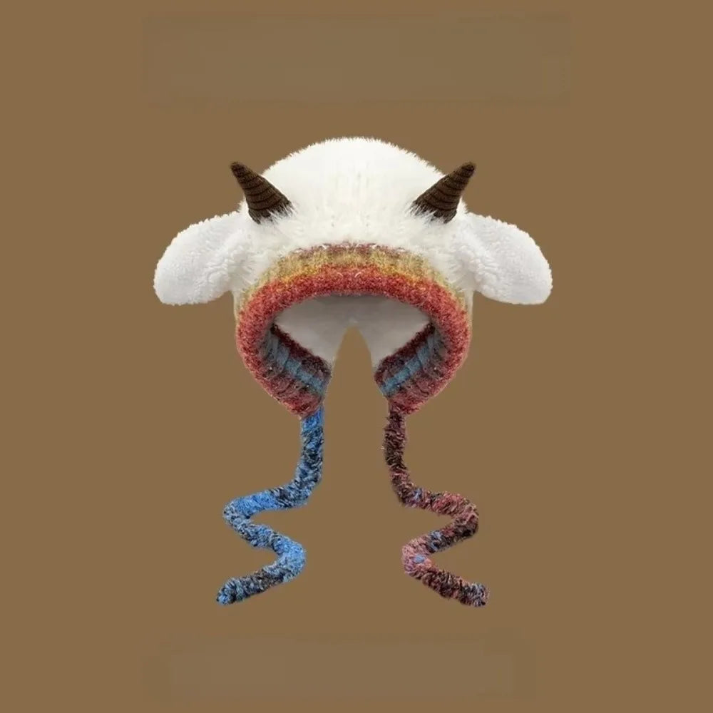 Cute Plush Knit Beanie With Earmuffs Horn Design Winter Hat For Women❄️