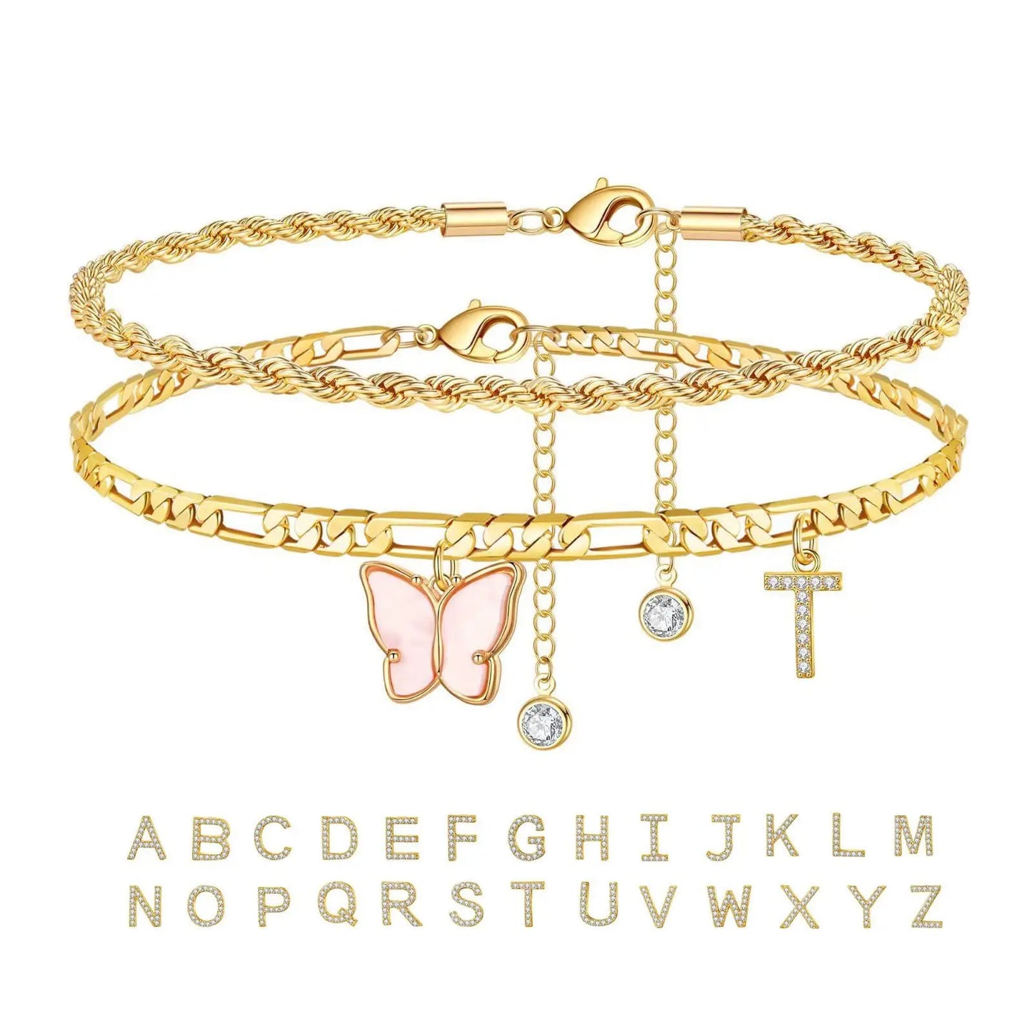 Kawaii 2Pcs Stainless Steel Initial Anklet Set 🌼✨ | 26 Letter Acrylic Butterfly Charm Foot Jewelry 🦋💖