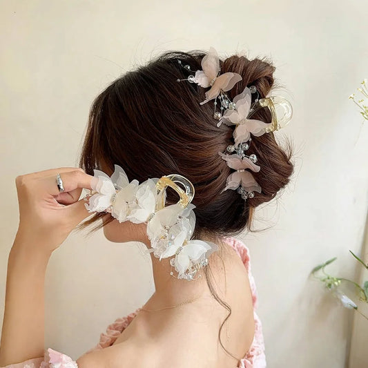 ✨ Charming Pearl Bow Butterfly Hair Clips 🦋💖 Sweet Crab Claw Ponytail Accessories for Women 🌟