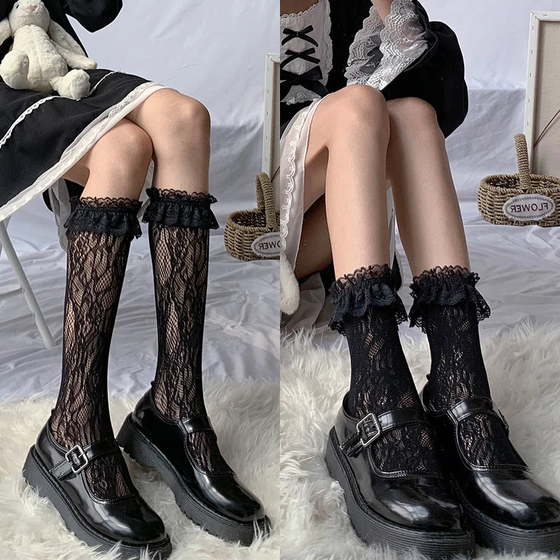 Chic Split Toe Socks With Strappy Lace Fishnet Stockings JK Lolita Knee High 😺🧦✨