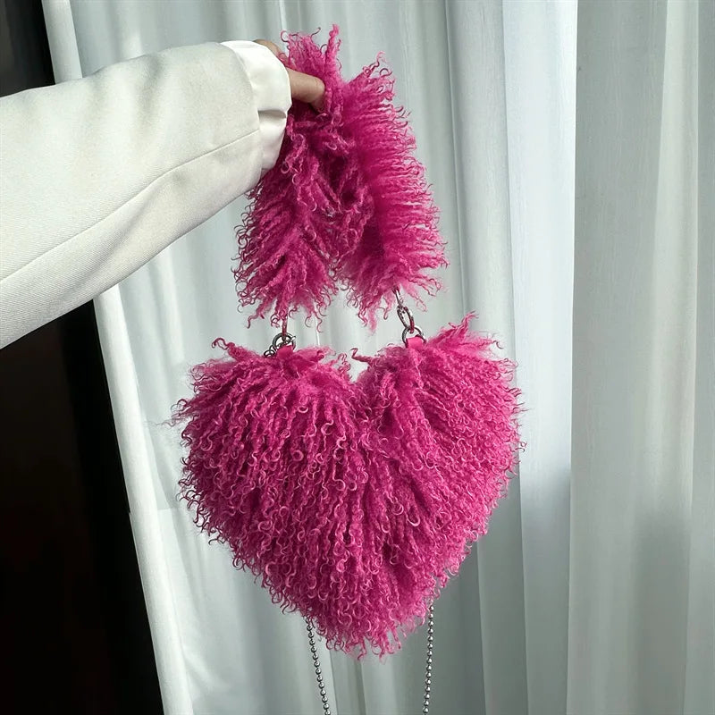 Kawaii Heart-Shaped Faux Fur Tote 🌈💕 | Adorable Oversized Handbag for Fashionable Women 👜✨