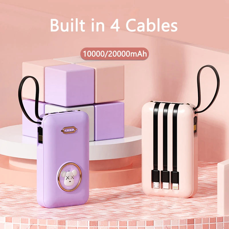 Kawaii Pet Power Bank 🐾✨ | 20,000mAh Mini Charger with Built-in Cables & LED Light 💖