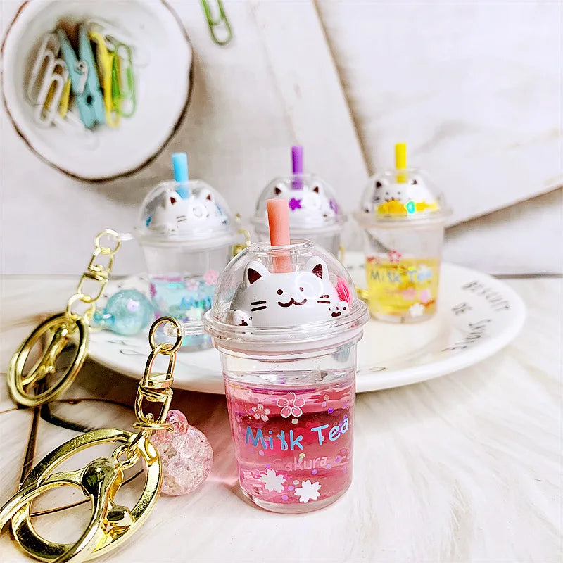 🌸 Cute Cat Milk Tea Keychain 🐱✨ Adorable Sakura Car Pendant Gift! - Pixie Quill