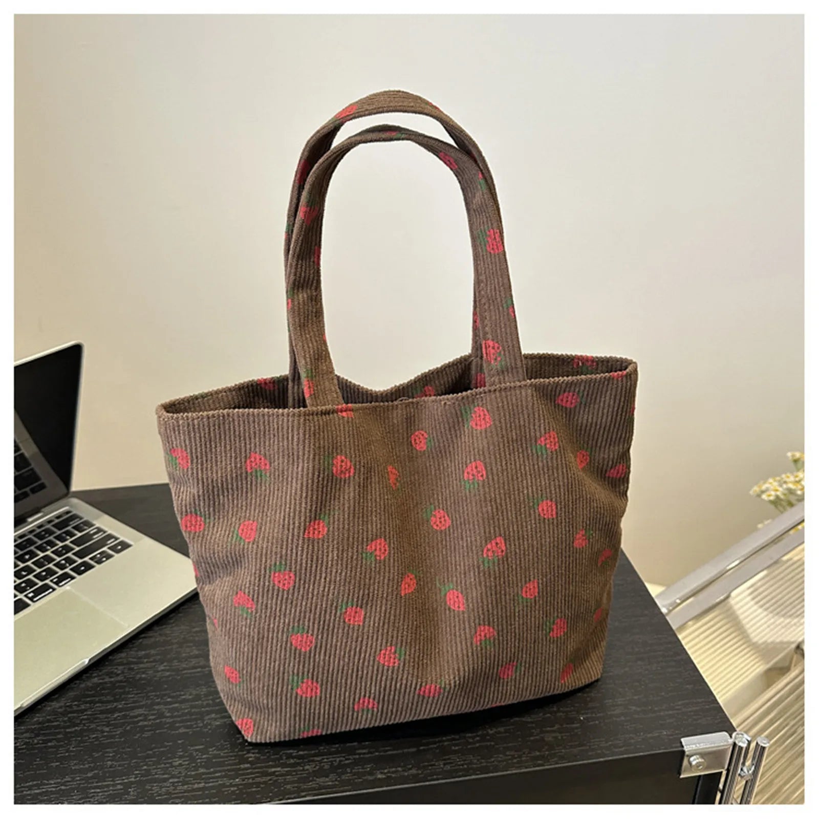 🍓 Adorable Strawberry Corduroy Tote Bag 🍓 - Stylish & Spacious for Shopping, Travel & More! 🌟✨ - Pixie Quill