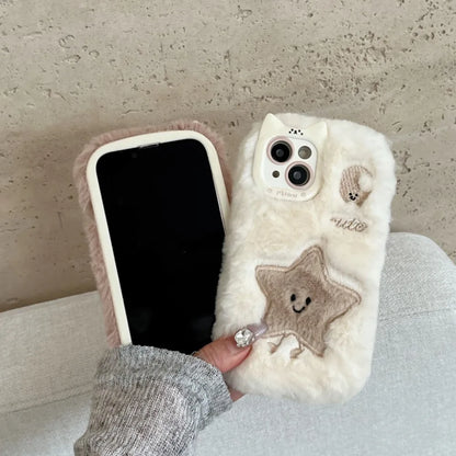 Kawaii Plush Star & Moon iPhone Case 🌙✨ | Fluffy Furry Cover for iPhone 14 15 16 Plus 13 Pro Max 11 12 | Cute Winter Accessory!