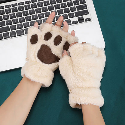 Fluffy Cat Paw Gloves Plush Mittens For Women Warm Half Finger Cozy Bear 🐱🐻