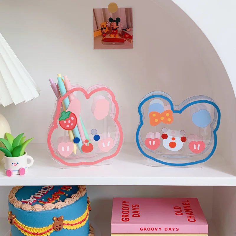 Acrylic Bear & Bunny Pen Holder 🐻🐰 - Cute Desktop Organizer for Makeup & Stationery ✨