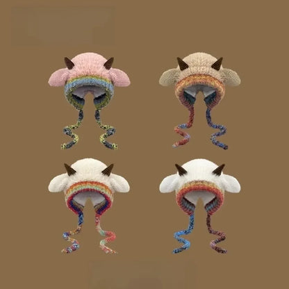 Cute Plush Knit Beanie With Earmuffs Horn Design Winter Hat For Women❄️