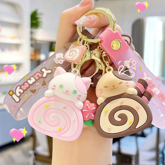 Cute Cat Keychain Charm PVC Cake Roll Key Ring For Bags And Gifts 🐱🍰🎀