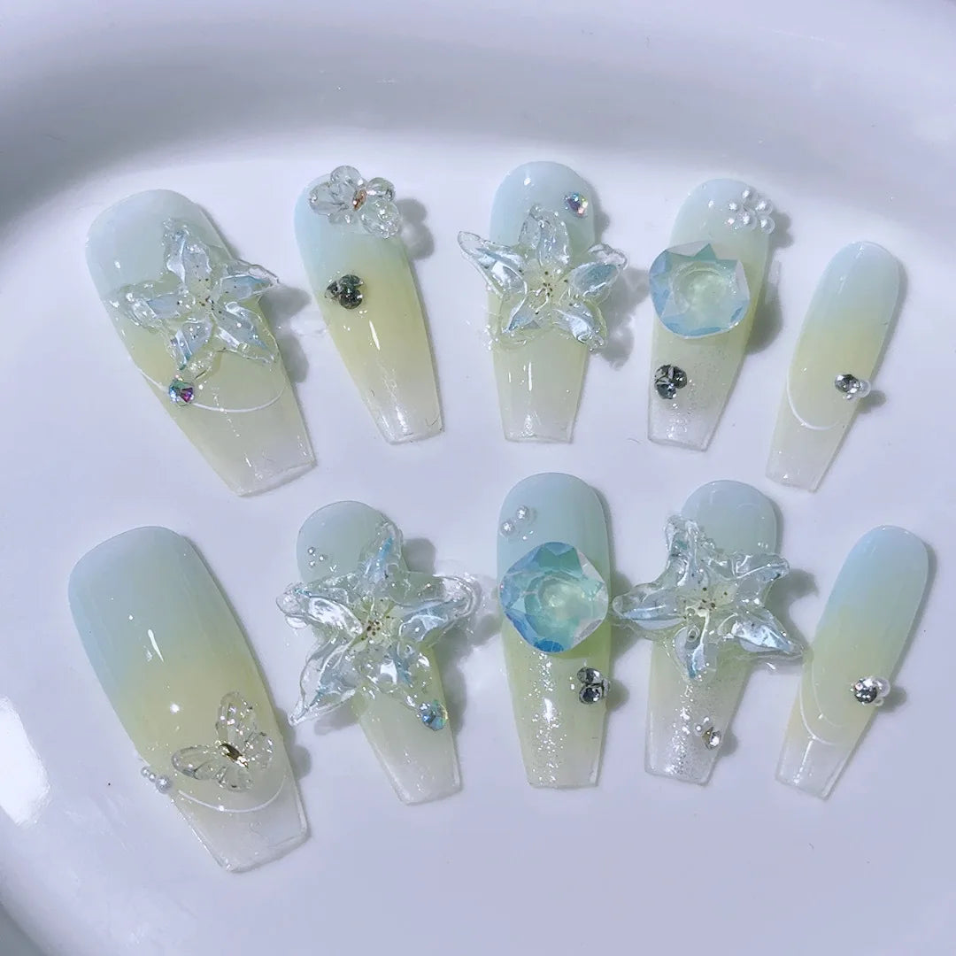 Kawaii Shimmering 10Pcs Handmade Press-On Nails ✨💖 Bowknot Design Coffin Style - Cute & Elegant Full Cover Nail Tips!