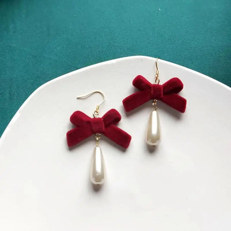 Charming Wine Red Bow Pearl Tassel Earrings 🎀🌟 | Kawaii 2024 Bridal Jewelry ✨