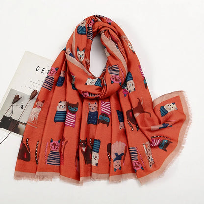 Playful Cat Print Fringed Scarf Women Cotton Viscose 180x85 Cm 🐈✨