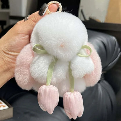 Fashion Tulips Rabbit Fur Keychain Alloy Ring Bag Charm Plush Bunny Pendant 🐰✨