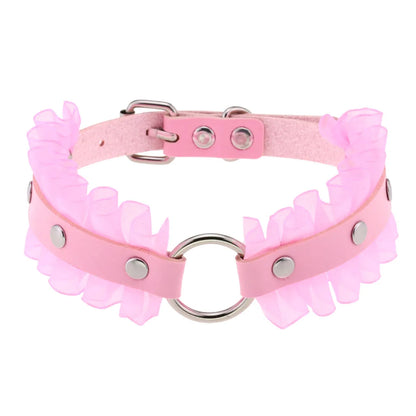Pink Lace Leather Choker With Heart Pendant, Punk Gothic Style ✨💗