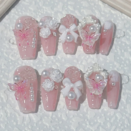 Kawaii 10-Piece Pink Coffin Press-On Nails with 3D Rhinestones & Butterfly Design 🦋💖✨ - Reusable & Easy to Apply!